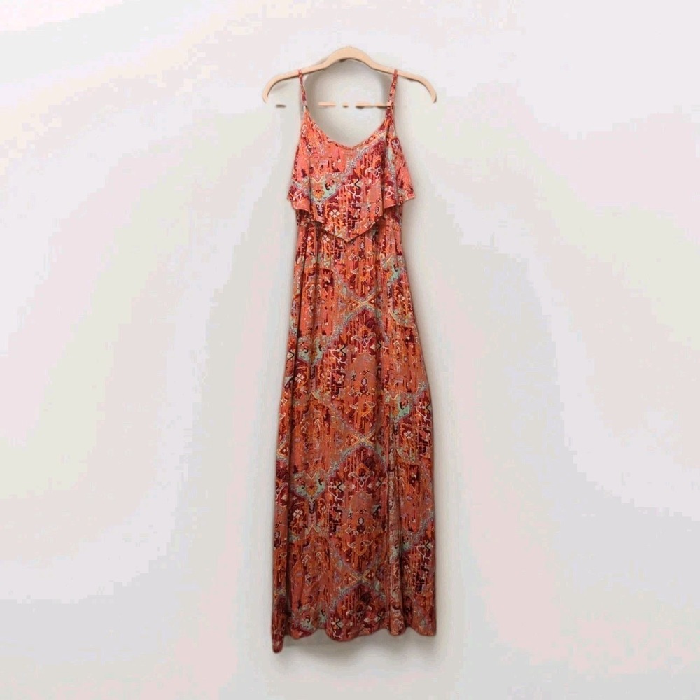Mudd Y2K boho Floral Maxi dress boho cottagecore ruffle tiered S Pink Orange